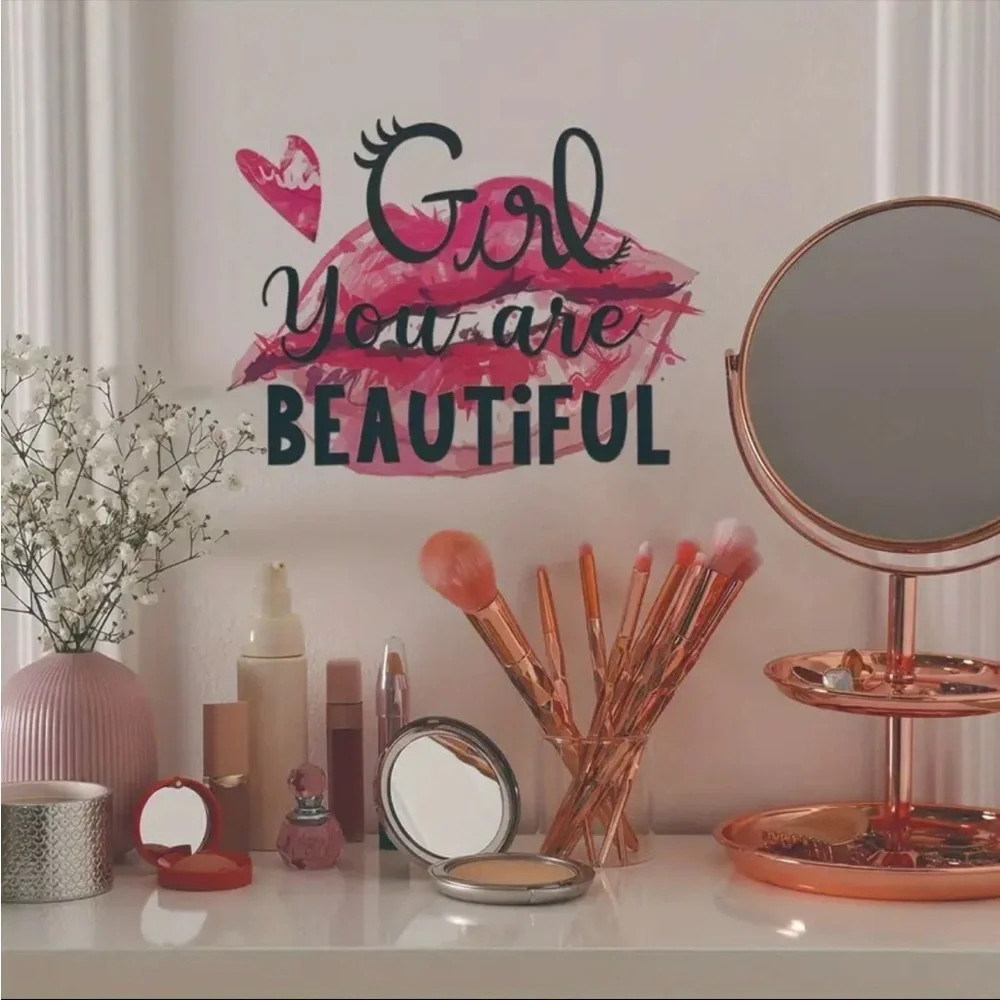Girl You Are Beautiful Wall Decal Pink Black Inspirational Art